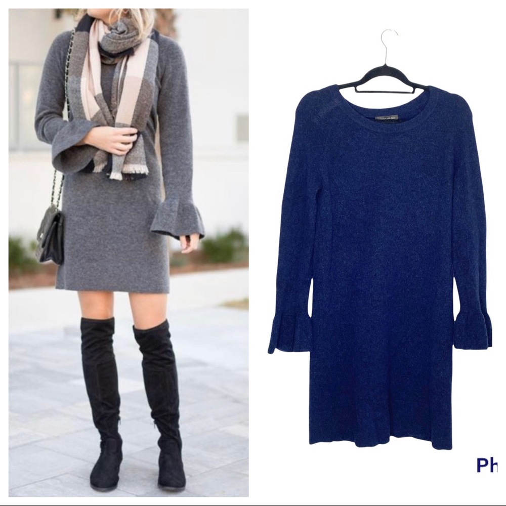 Banana Republic Long Sleeve Ruffle Cuff Wool Blend Navy Sweater Dress Medium